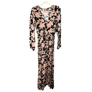 Maaji Navy Floral Button Front Long Sleeve V-neck Beach Cover Up Maxi Dress M